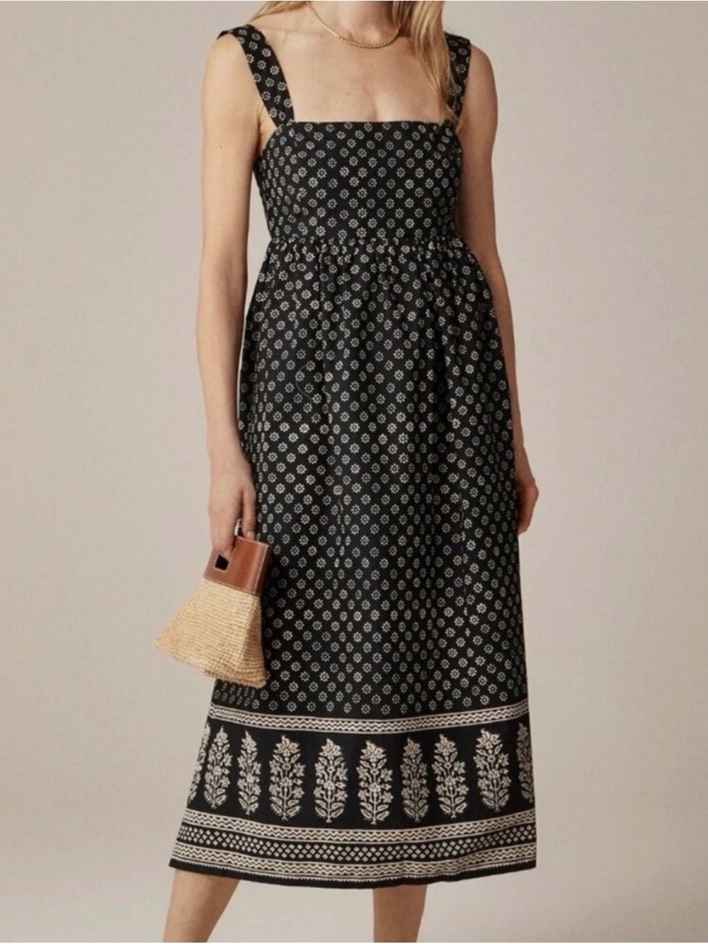 J. Crew Black Printed Square-Neck Midi Dress